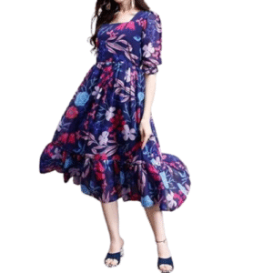 Navy Blue Floral Maxi Dress for Women – Square Neck, Puff Sleeves & Flared Hem